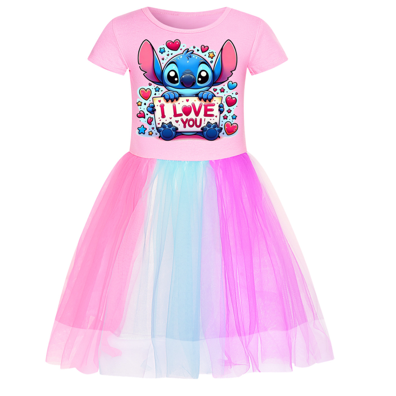 Stitch Girls' Starry Rainbow Lace Hem Dress - Enchanting Fun for Little Dreamers -Mayoulove