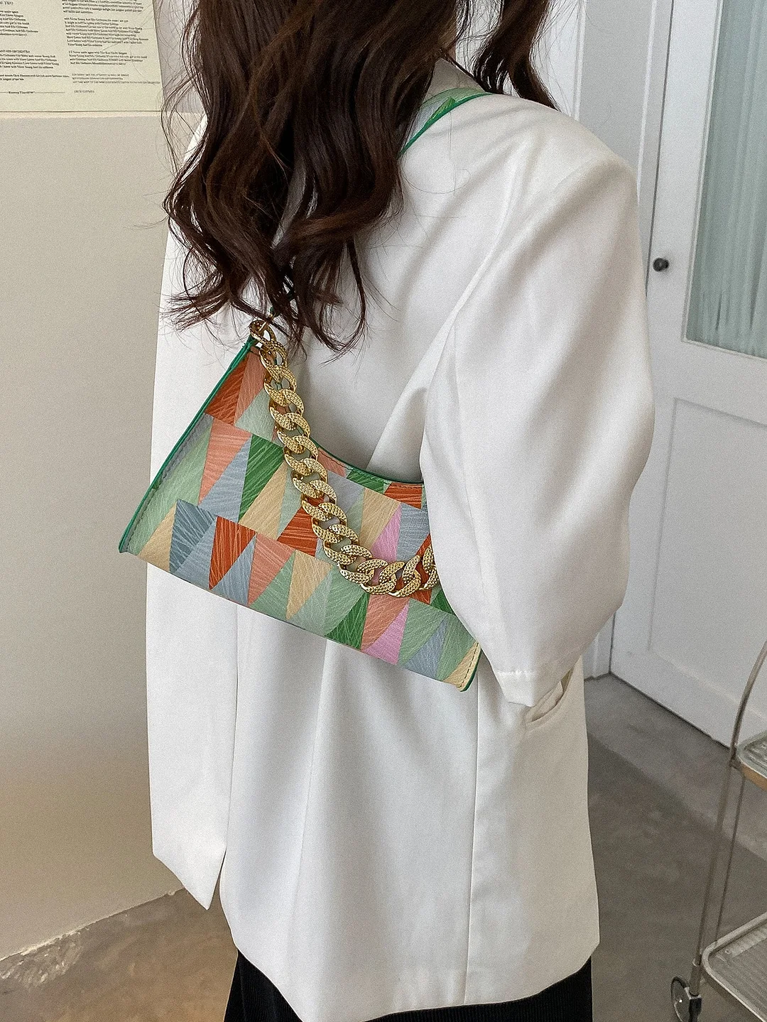 Geometric Pattern Chain Decor Baguette Bag