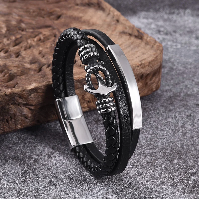 925 Silver Men's stainless steel boat anchor leather rope bracelet multilayer leather woven bracelet