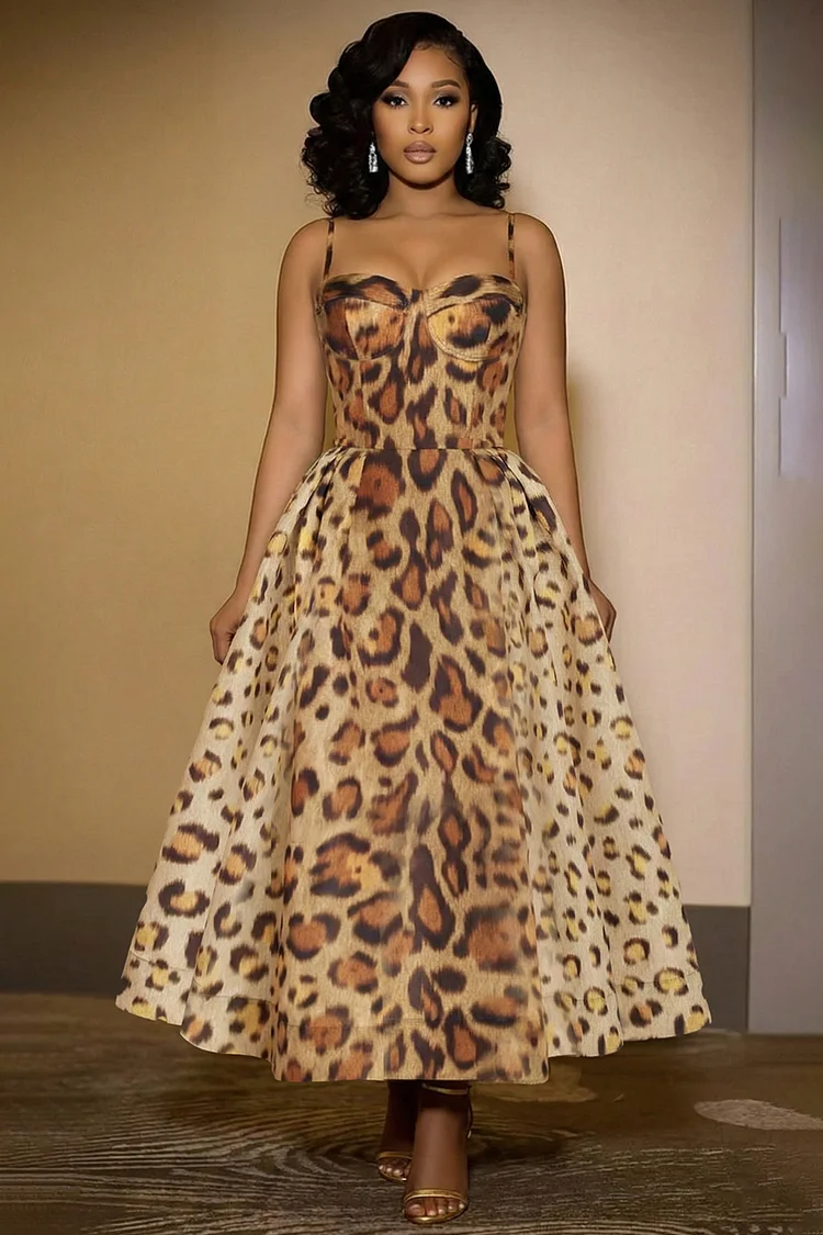 Cami Cinch Waist Leopard Print Bouffant Gowns Maxi Dresses-Brown