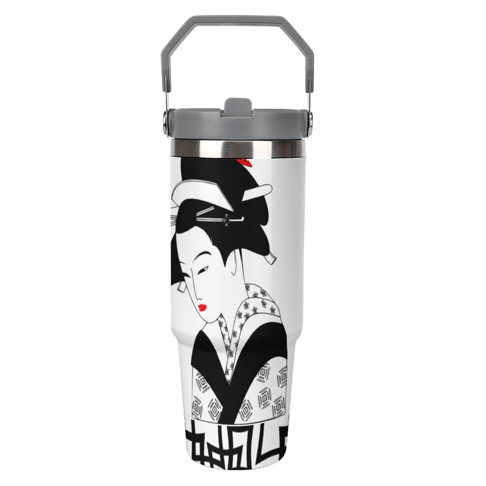 Japanese Geisha Girl Black White Graphic Customize 30 Oz Tumbler with Handle Steel Water Bottle with Straw Mug