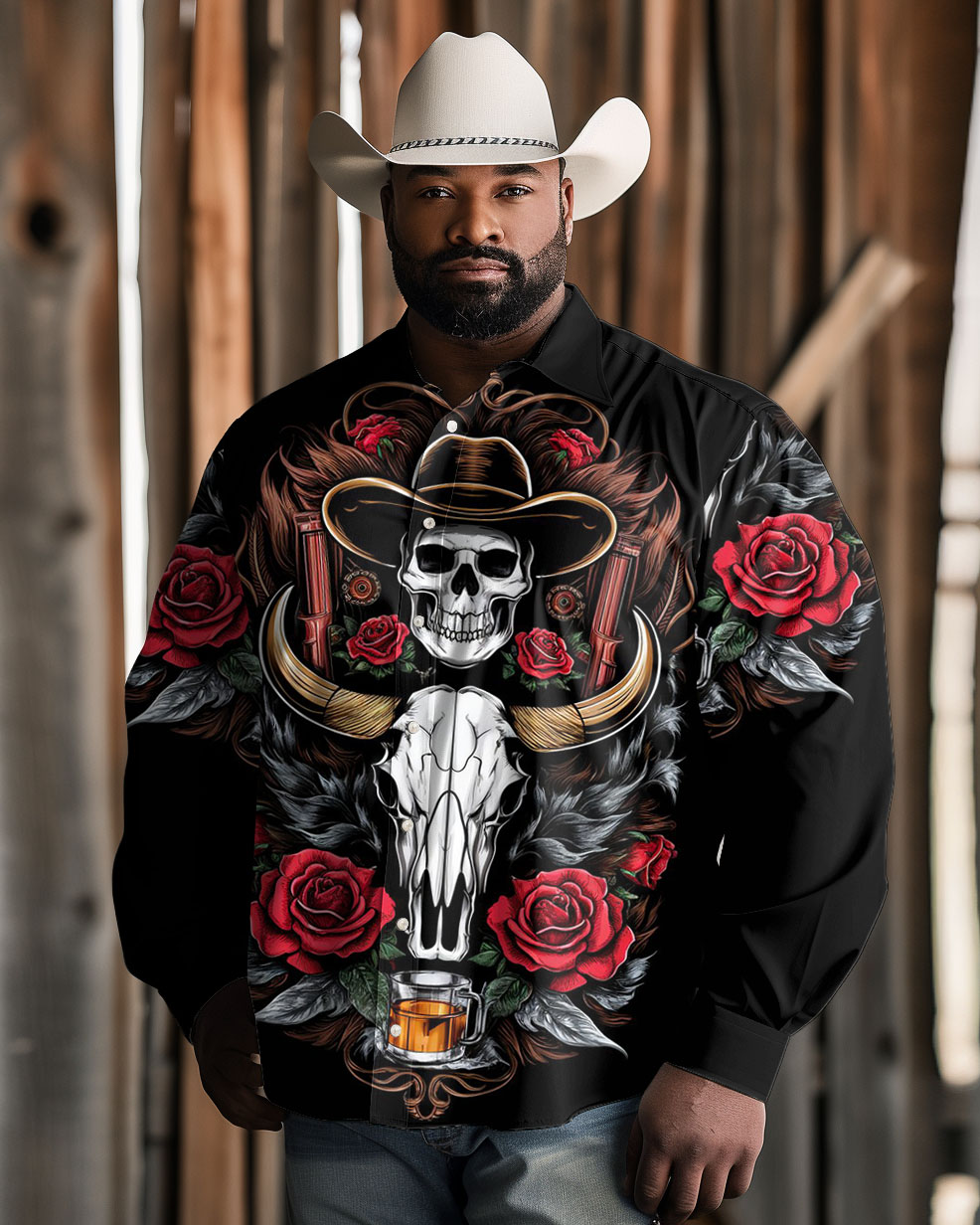 Men's Big and Tall Western Denim Rose Skull Horn Pattern Lapel Long Sleeve Shirt