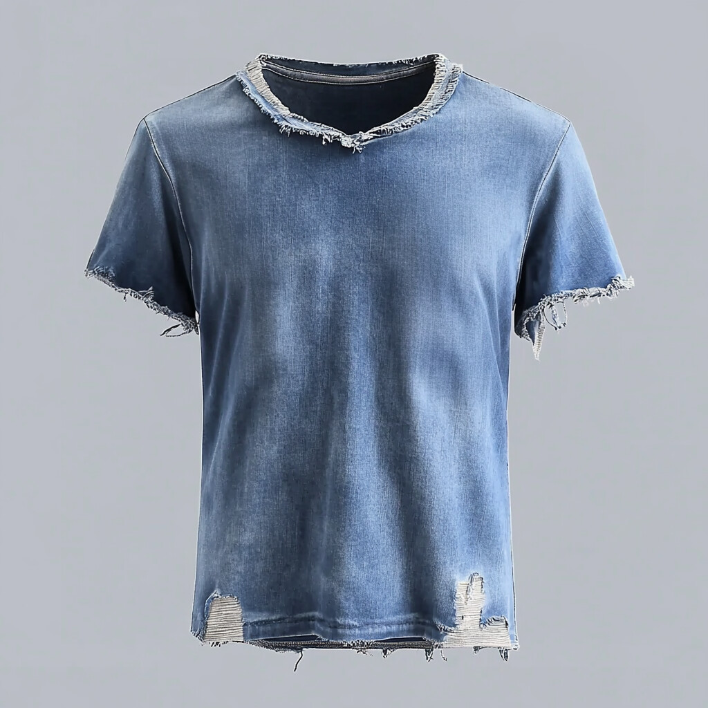 Men's Casual Denim Ripped Raw Edge Crew Neck Short Sleeve T-Shirt