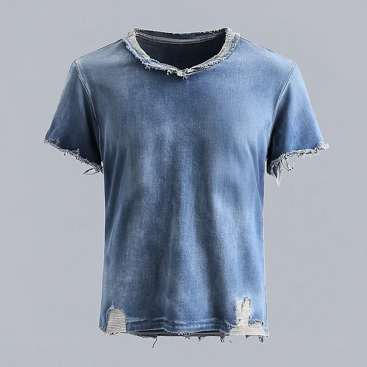 Men's Casual Denim Ripped Raw Edge Crew Neck Short Sleeve T-Shirt