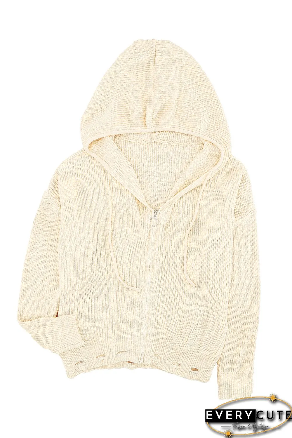 Zipper V-neck Dropped Sleeve Hooded Solid Sweater