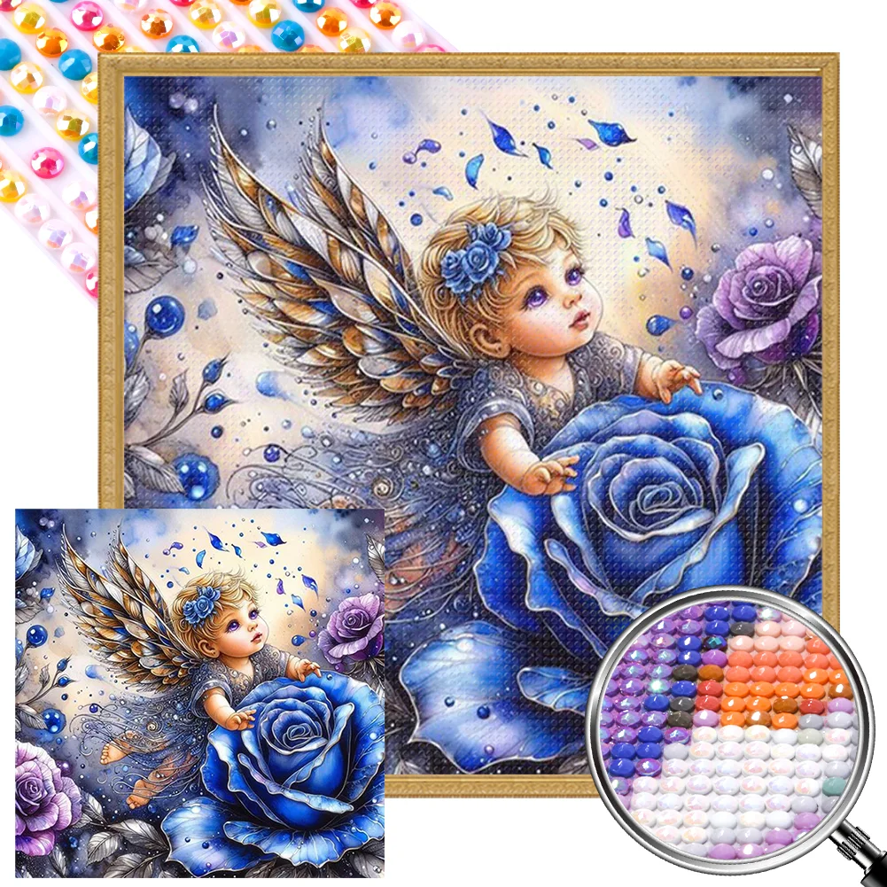 5D DIY Full Round Drill Partial AB Diamond Painting Angel Blue Rose Kit 45x45cm