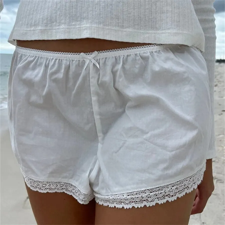 Brownm Lace Patchwork Shorts Women Elastic Low Waist Casual Straight Short Pants Sweet Y2k Bow Summer Sweatshorts Loungewear