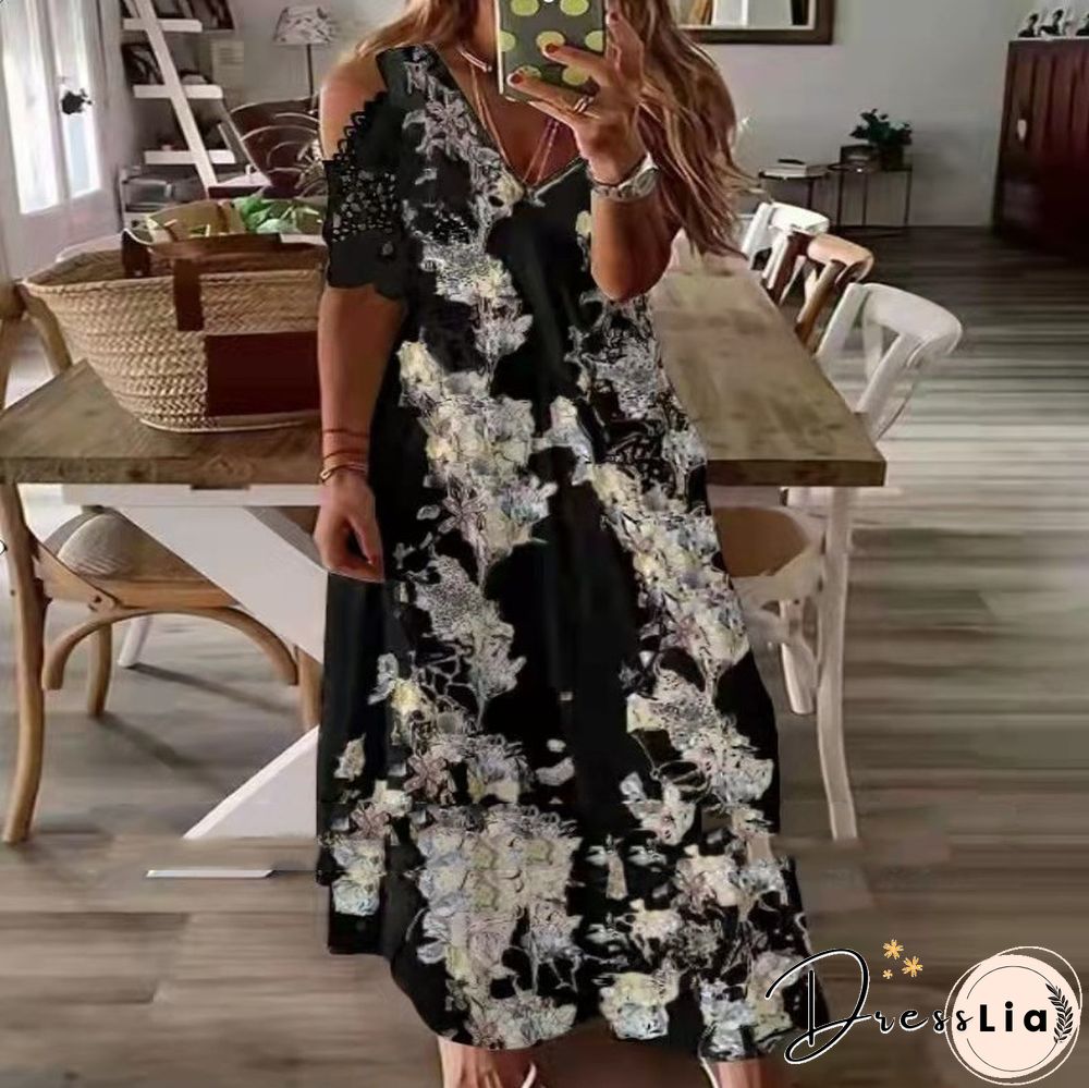 Long Bohemian Dress with Short Sleeve Lace Printing Black Dresses