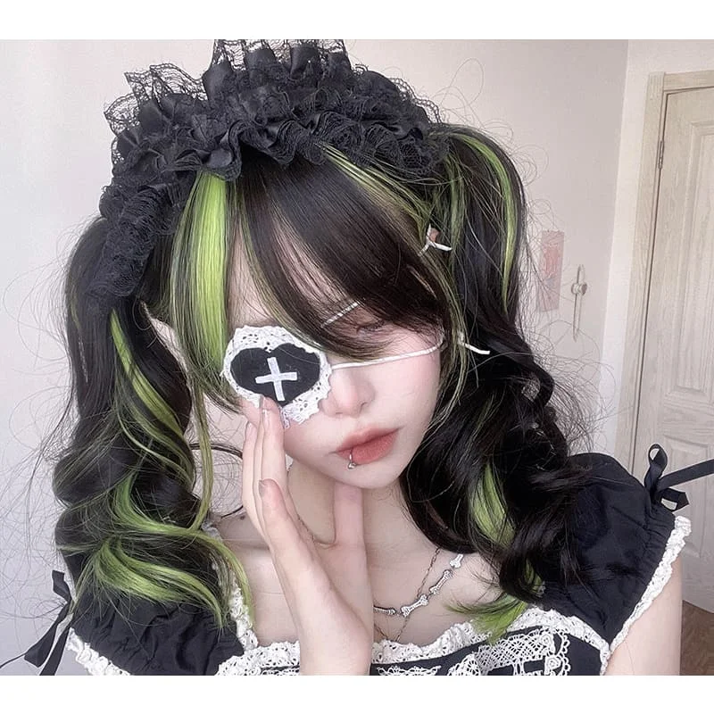 Lovely Kawaii eGirl Monster Style Green Black Curly Wig EG580