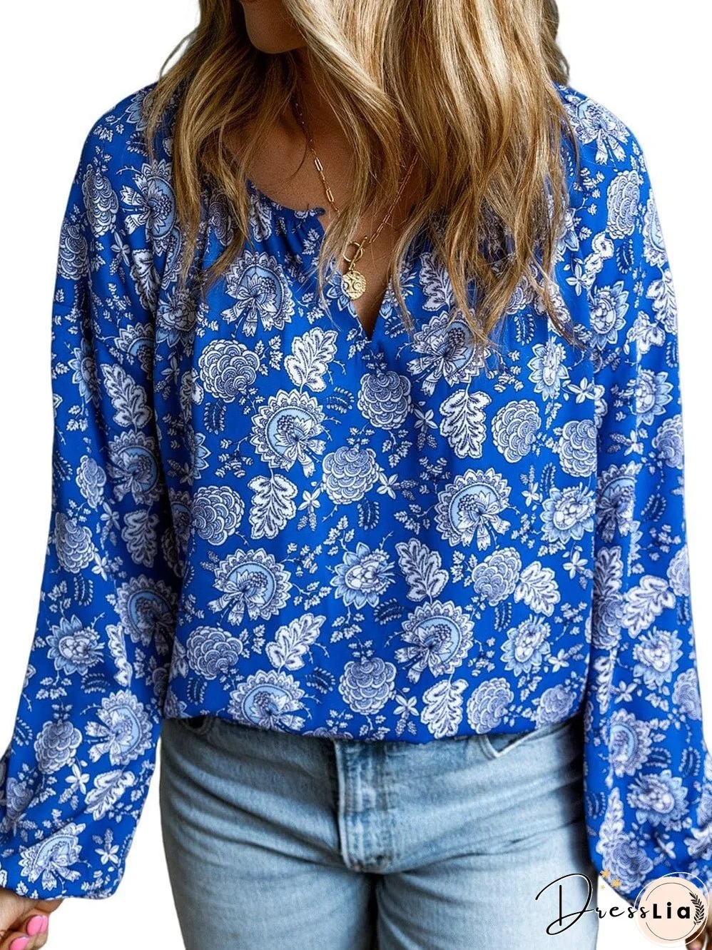 Blue Floral Notched V-Neck Long Sleeve Shift Blouse