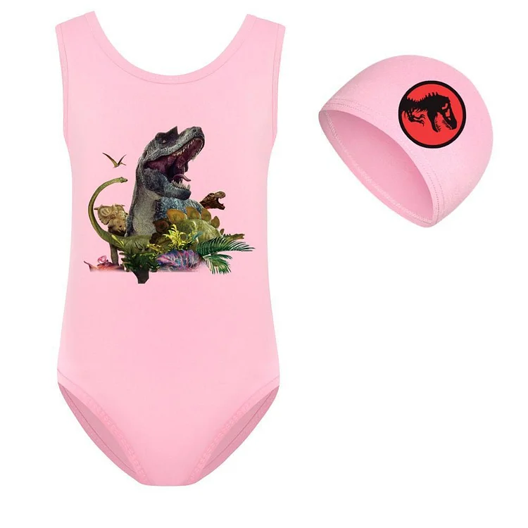 Jurassic Dinosaur Dragon Print Girls One Piece Sporty Swimsuit And Cap-Mayoulove