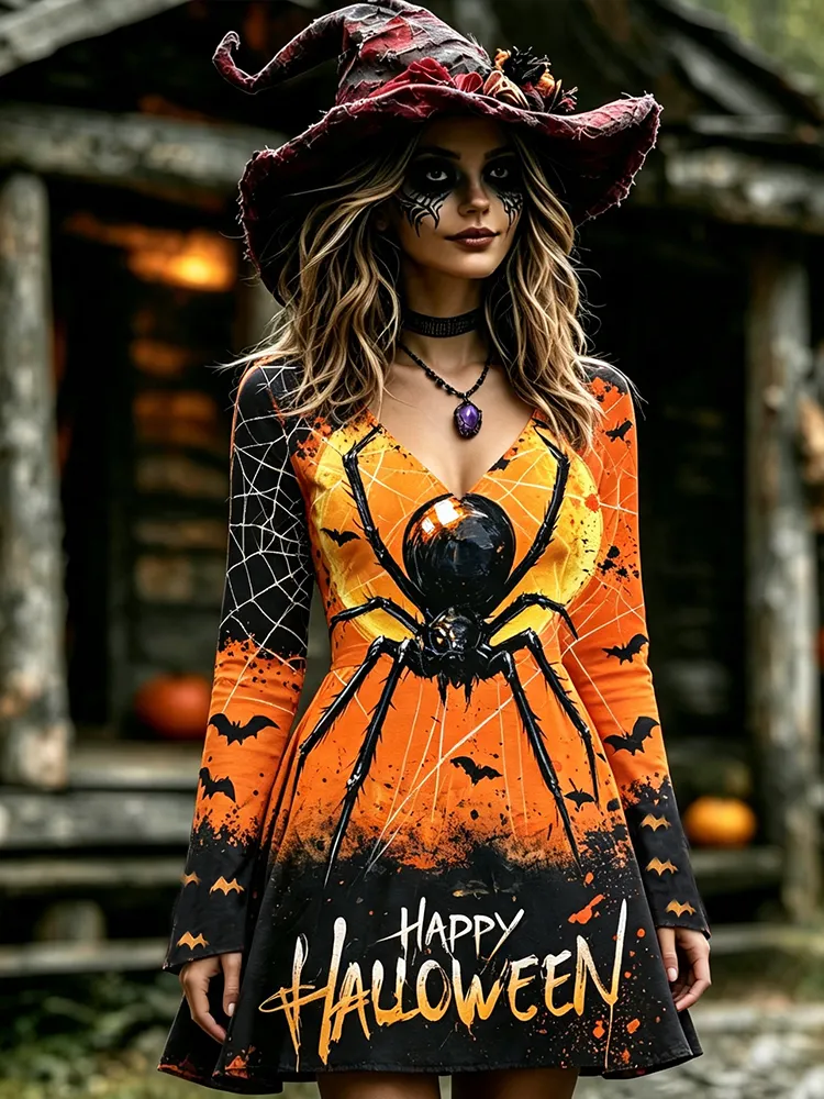 Women's Halloween Graphic Midi Dress - Haunted House, Floating Ghosts, Tombstones And Pumpkins Print Short Sleeve Dress