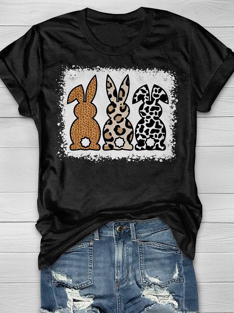 Easter Leopard Bunny Bleach Print Short Sleeve T-shirt