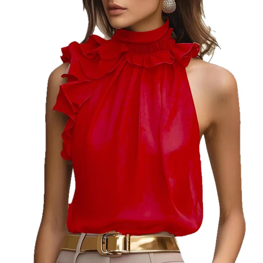 Sleeveless Halter Neck Ruffle Blouse
