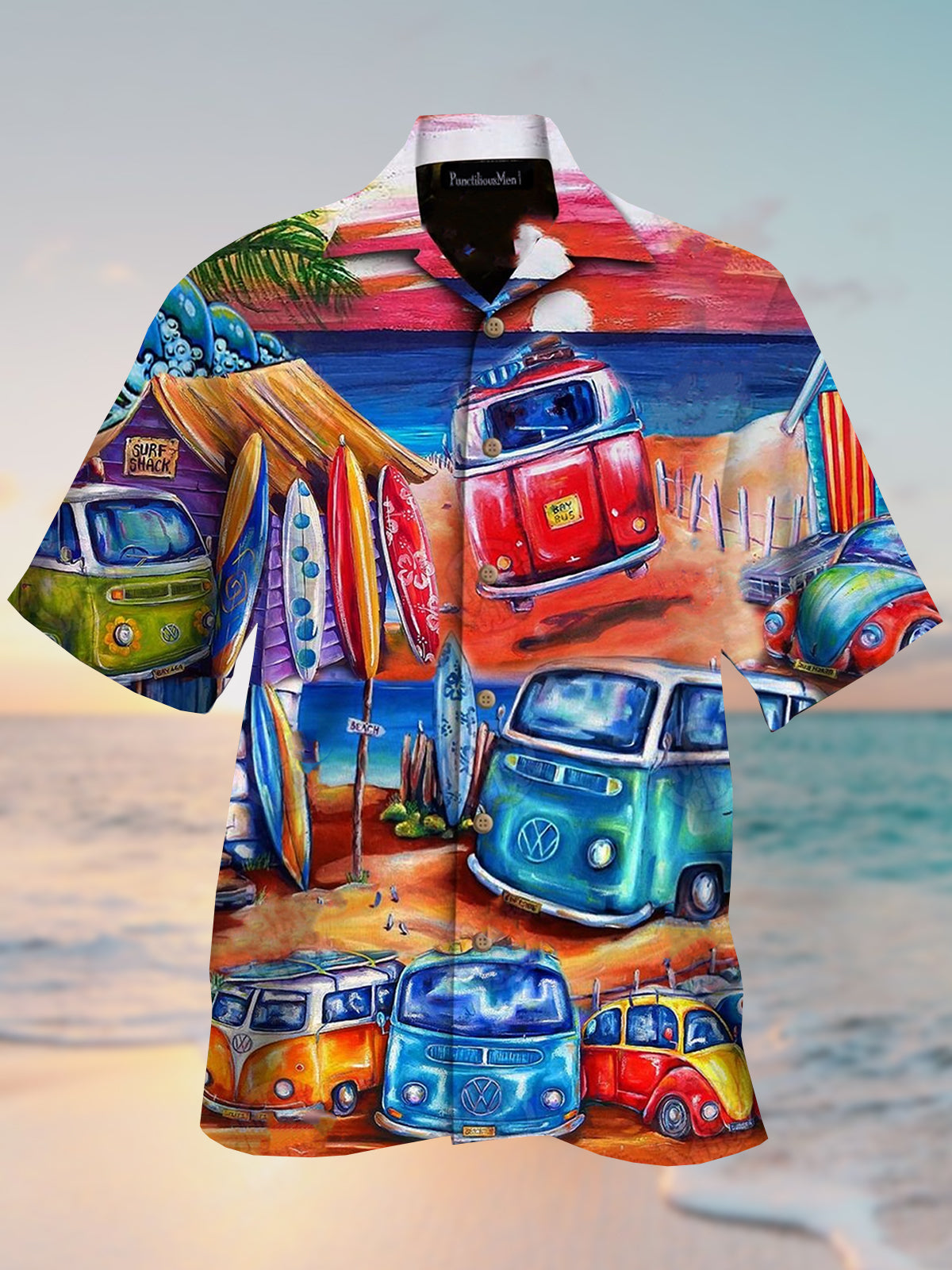 Men Beach Cars Print Short Sleeves Camp Collar T-shirt PLUSCLOTHESMAN