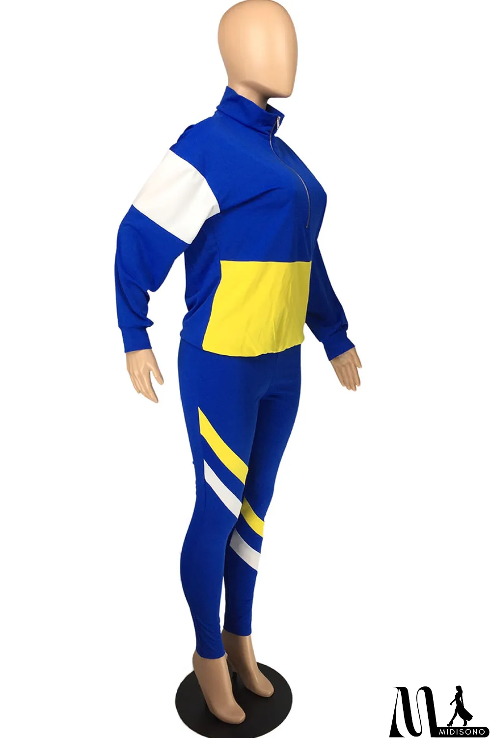 MidiSono - Fluorescent green Casual Striped Print Zippered Split Joint Mandarin Collar Long Sleeve Two Pieces