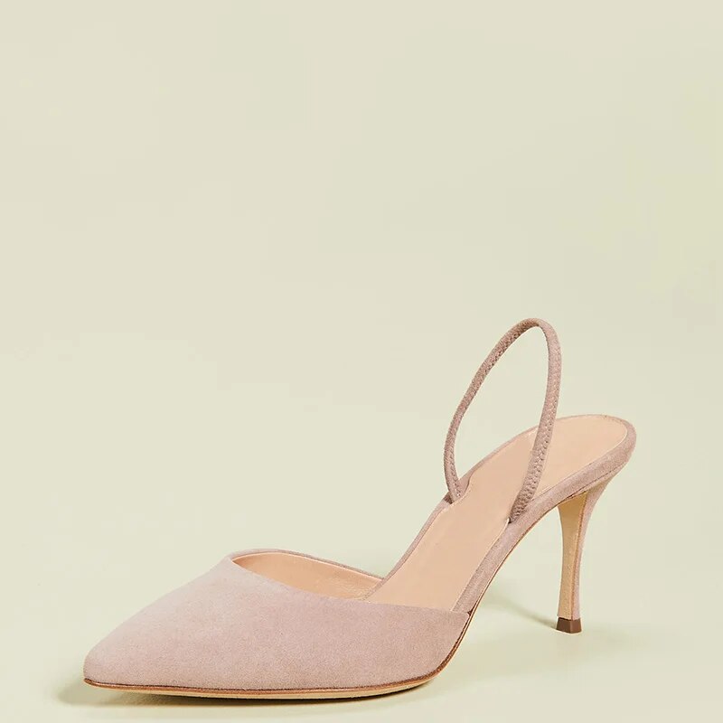 TAAFO Pink Slingback Elastic Strap Women's Pumps High Thin Heels Suede Pointed Toe Ladies Shoes 