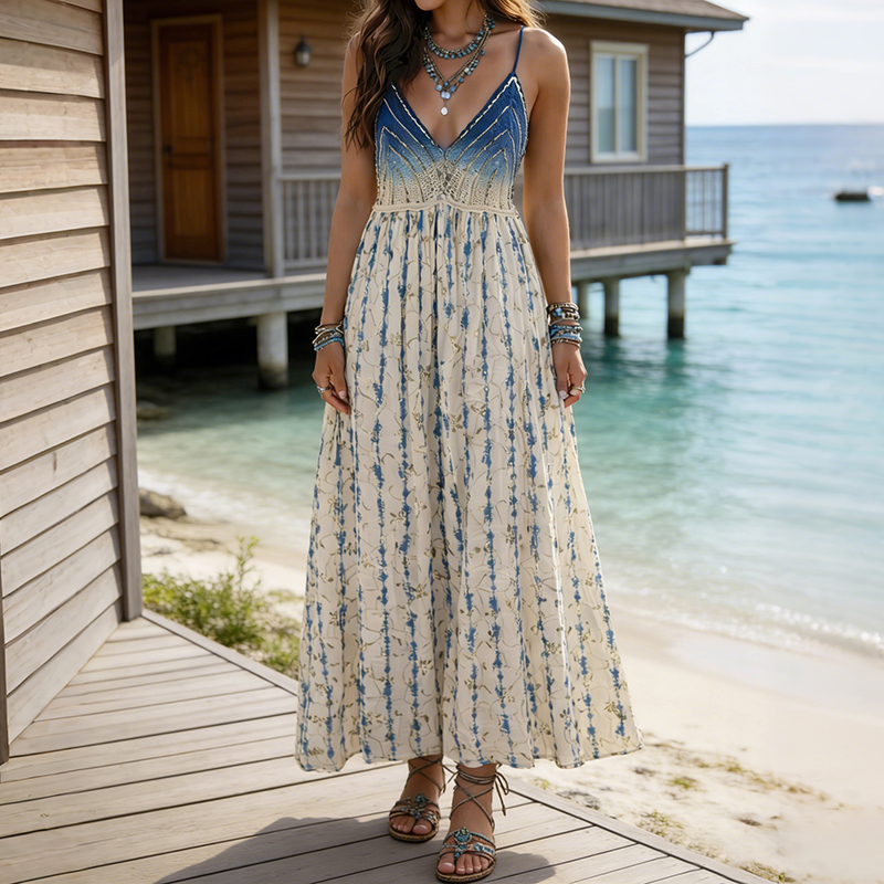 Comstylish Vintage Boho Line Art Tie-dye Gradient Print Maxi Dresss