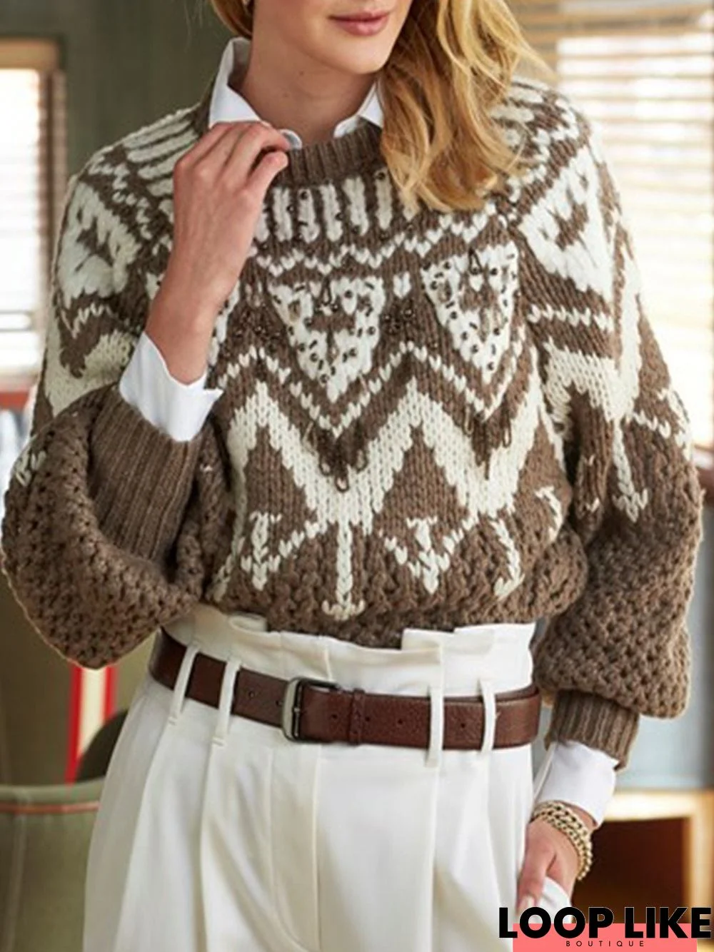 Coffee Casual Long Sleeve Plus Size Sweater