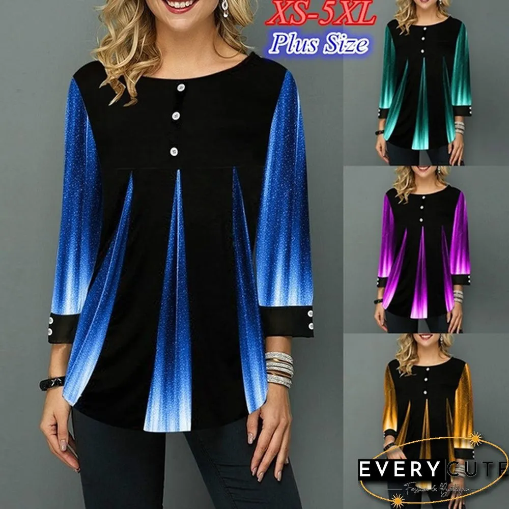 Loose Casual Womens Fashion Trend Autumn Long Sleeve Round-neck Button Shirt