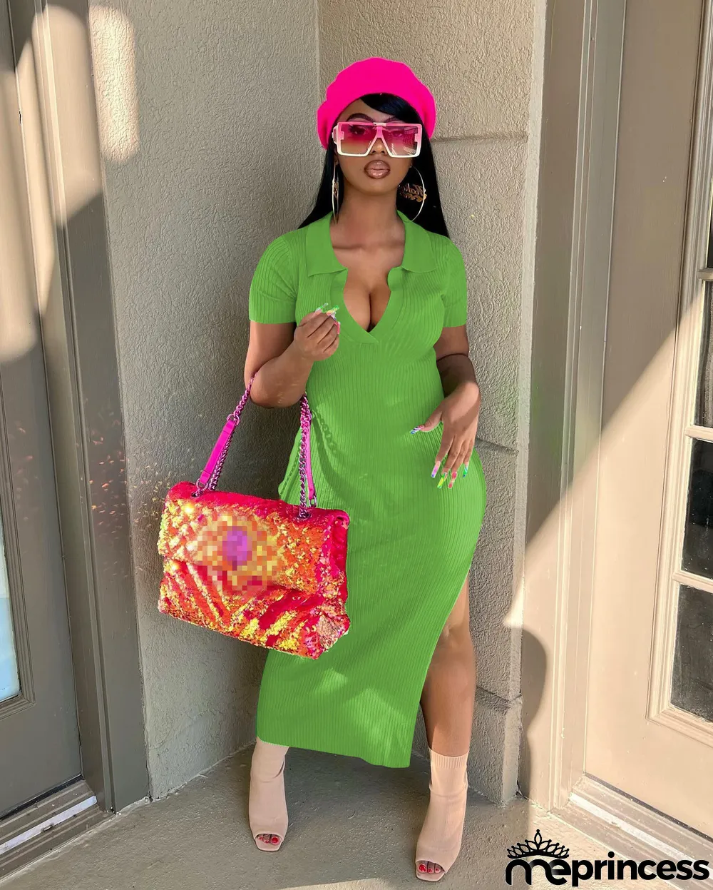 Solid Ribbed Short Sleeve High Split Midi Dress