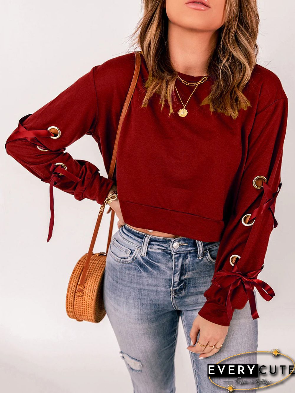 Women'S T-Shirts Crew Neck Hollow Tie Long Sleeve T-Shirt