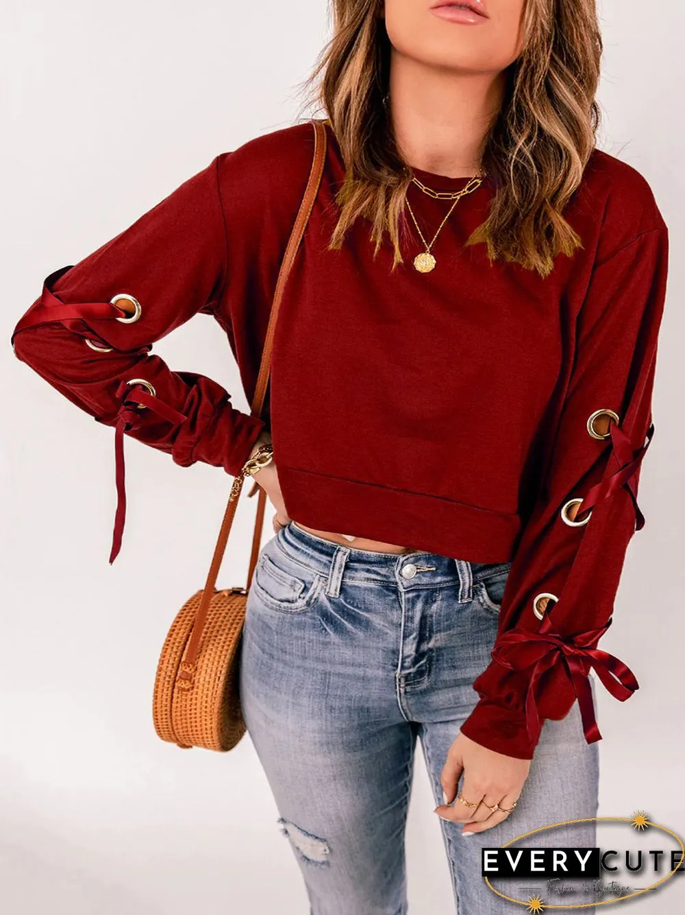 Women'S T-Shirts Crew Neck Hollow Tie Long Sleeve T-Shirt