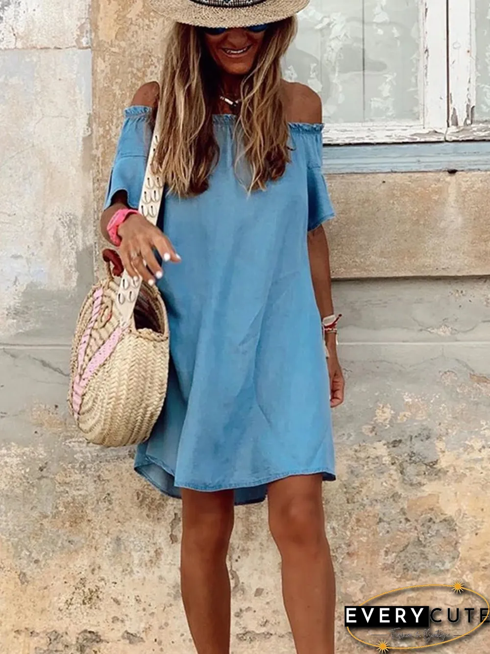 Off Shoulder Ruffle Sleeve Denim Dress P13646