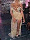 Spaghetti-Neck  V-Neck Lace Split-Side See-Through Evening Maxi Dress