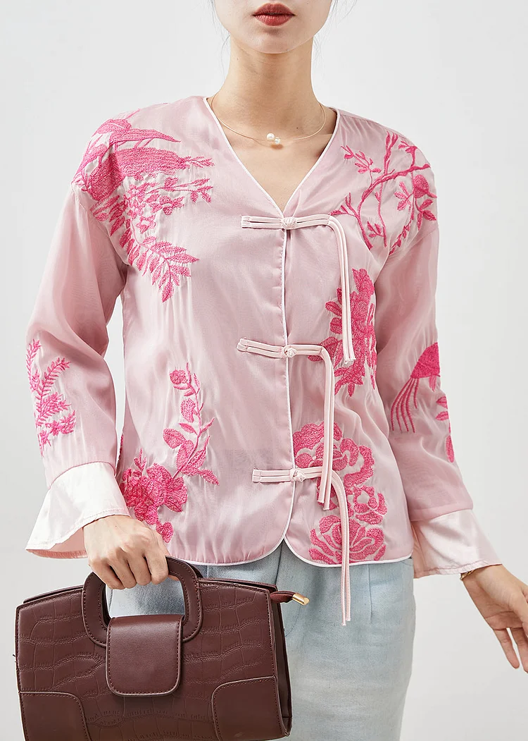 Pink Silk Blouse Tops Embroideried Tasseled Fall