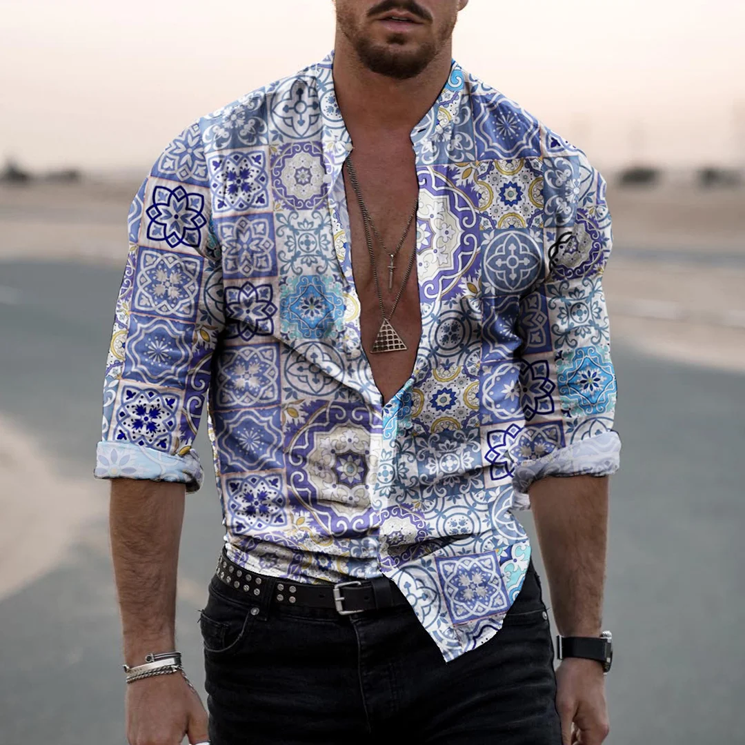 Retro Mens Holiday Ethnic Style Stitching Printed Shirt-inspireuse