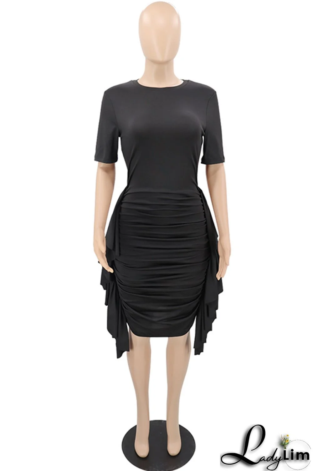 Pink Fashion Casual Solid Patchwork Fold O Neck Short Sleeve Dress