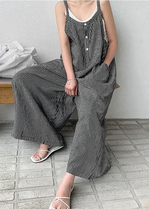 VCSHOES Loose Black Striped Cotton Spaghetti Strap Jumpsuit Summer