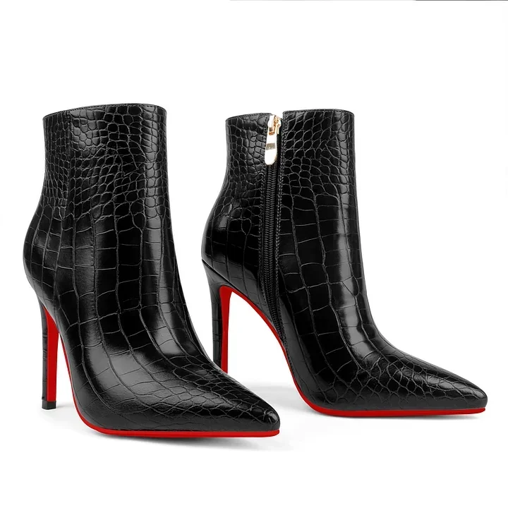 90mm Women's Ankle Boots Closed Pointed Toe Red Bottom Stilettos Croc/Suede Booties VOCOSI VOCOSI