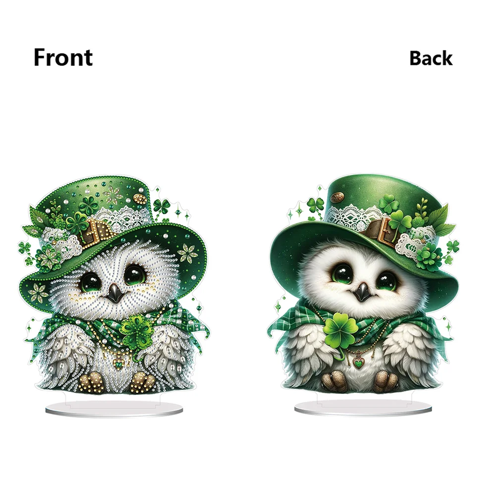 DIY Acrylic St. Patricks Day Owl Special Shape Diamond Painting Tabletop Ornament Creative Home Decor & Gift Idea for Adults - Relaxing Craft Activity