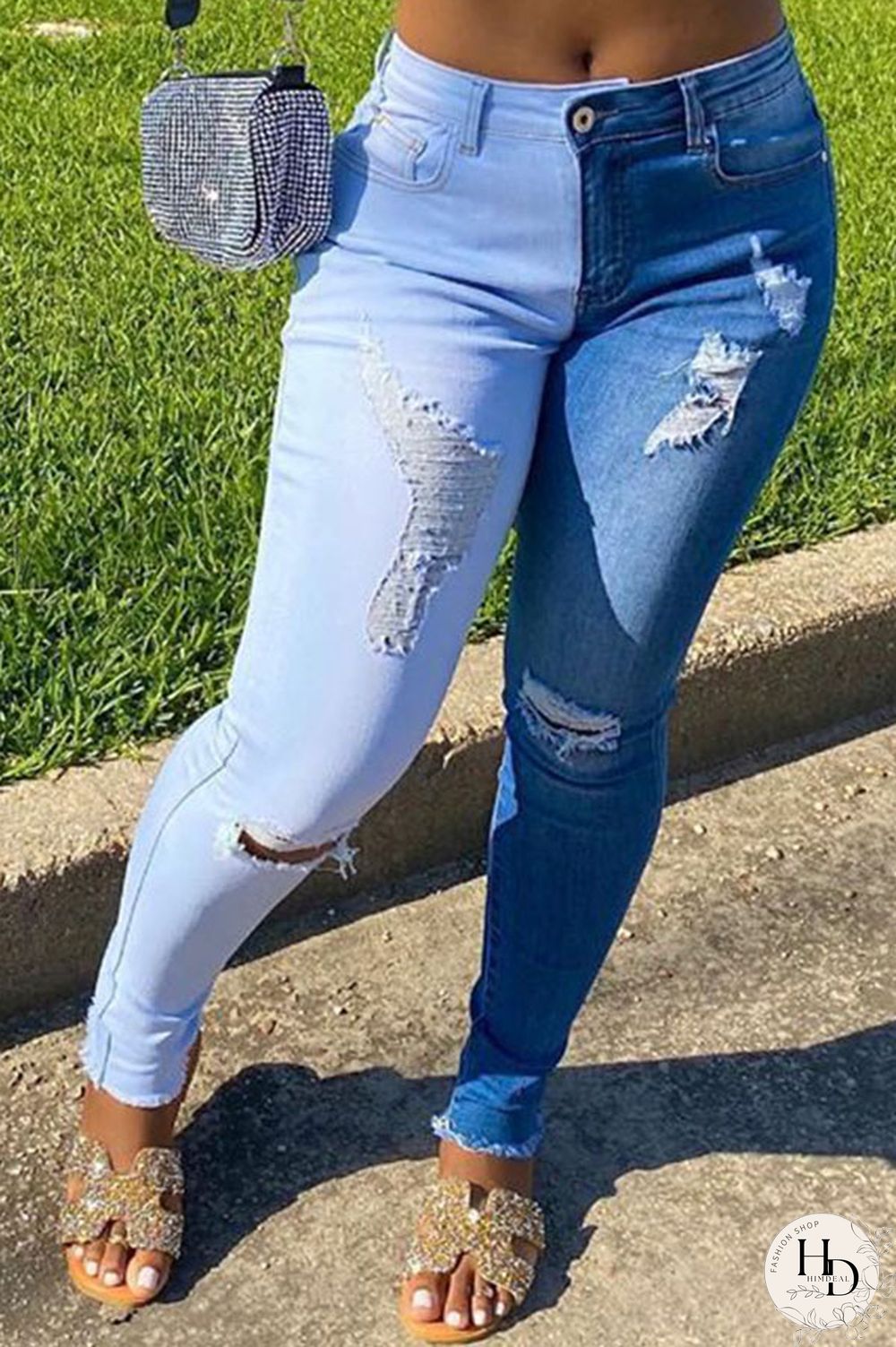 The cowboy blue Casual Color Lump Patchwork Solid Ripped Make Old Pocket Mid Waist Skinny Denim