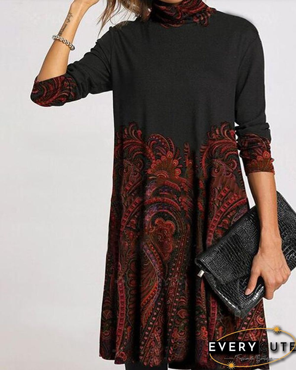 Casual Plus Size Color Block/Floral Tunic High Neckline Shift Dress
