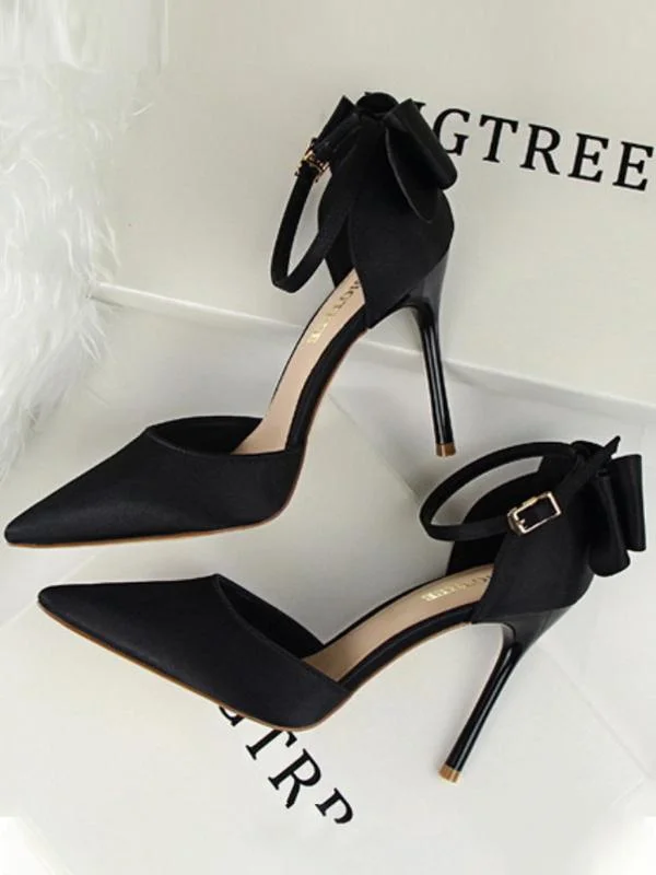 Stiletto high heel shallow pointy satin hollow back bow sandals