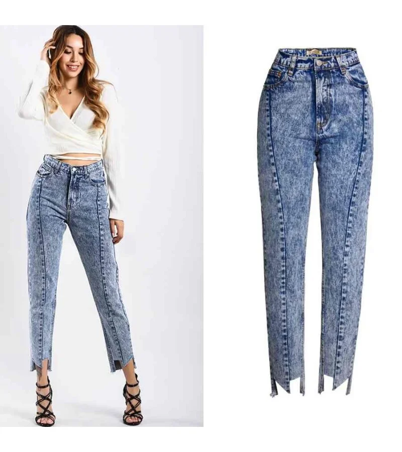 Women Creative Irregular Hemline Loose Pattern High-waisted Boyfriend Jeans