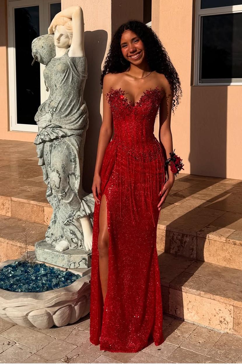 Oknass Red Strapless Sleeveless Long Mermaid Prom Dress With Sequins Split