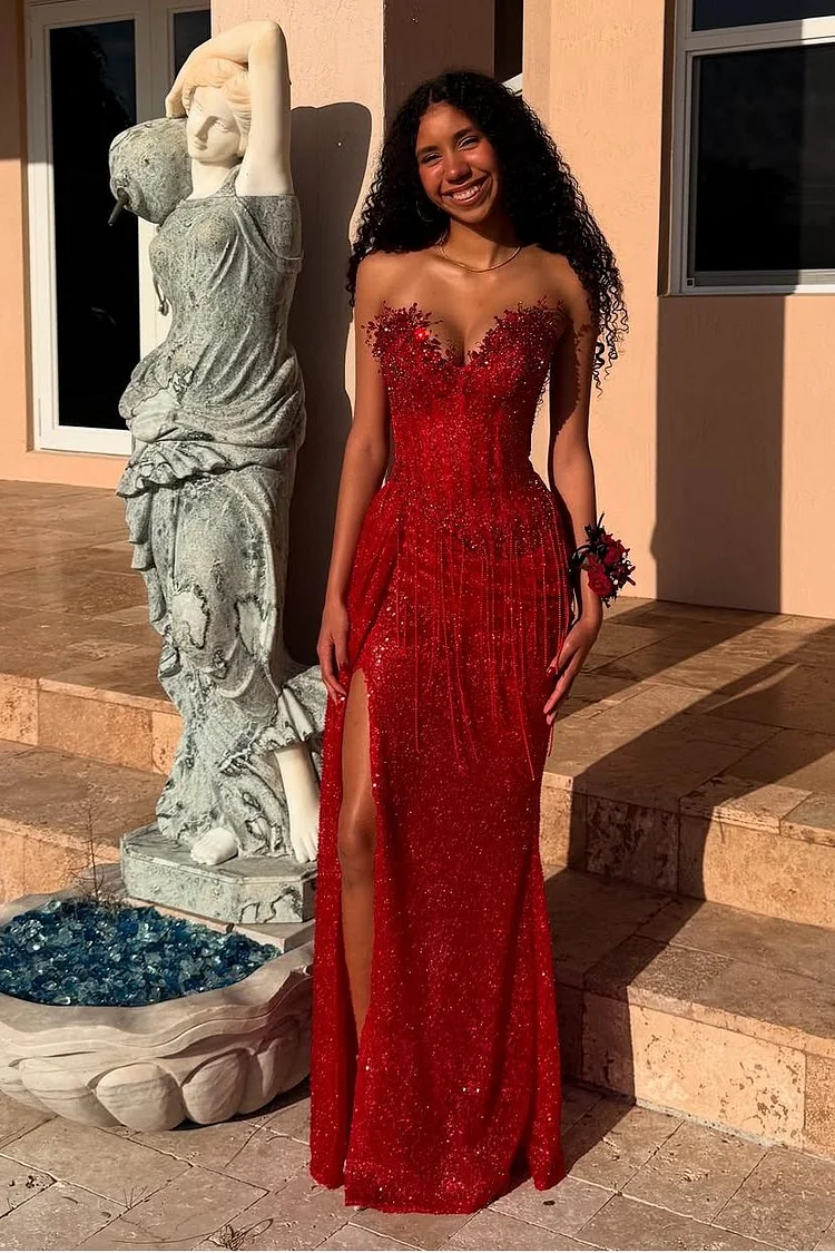 Red Strapless Sleeveless Long Mermaid Prom Dress With Sequins Split XJ0657