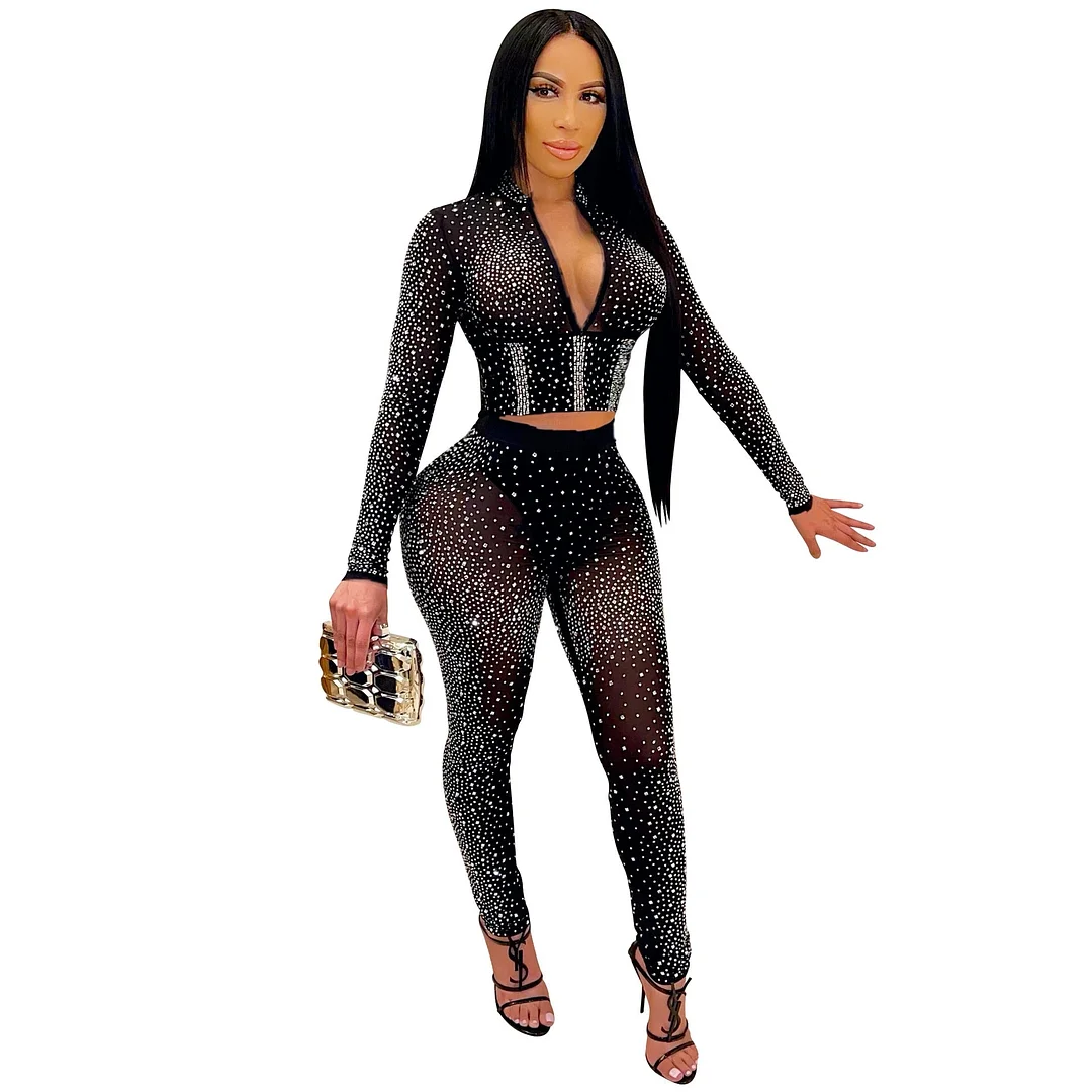 CM.YAYA Women Hot Rhinestones Mesh See Though Sweatsuit High Streetwear Pants and Tops Matching Two 2piece Set Tracksuit Outfit