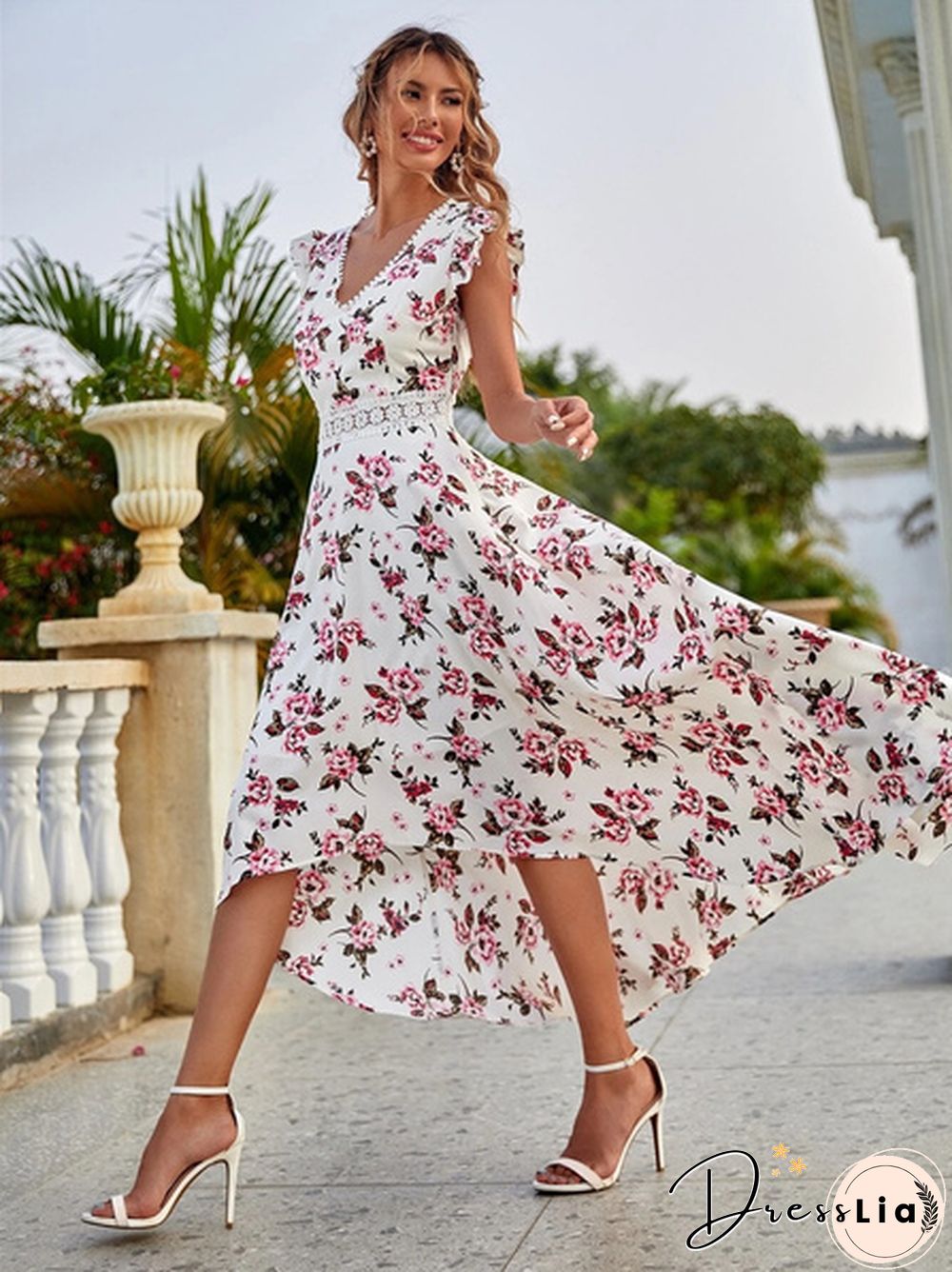 Summer Dresses Women Fashion V-neck Sleeveless Lace Patchwork Floral Print Holiday Long Dress Casual Vestido Party Dress