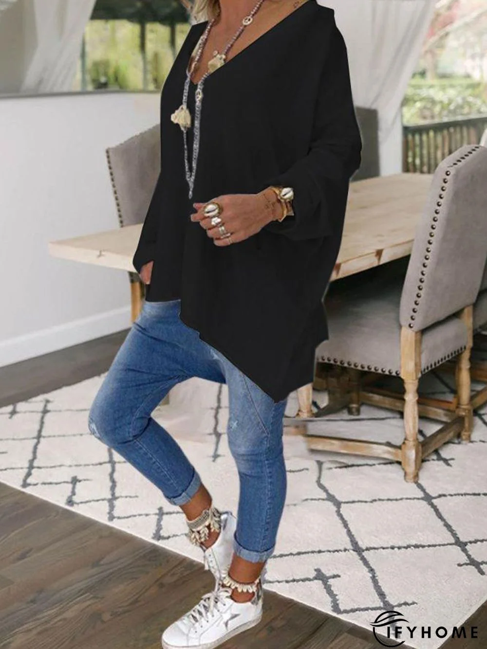 V Neck Solid Casual Tunic T-Shirt | IFYHOME