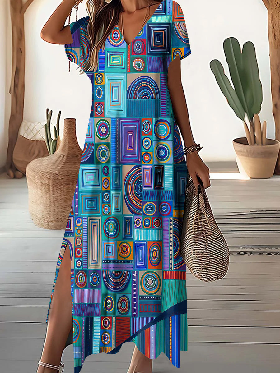 Women's V-Neck Vintage Bohemian Geometric Pattern Dress