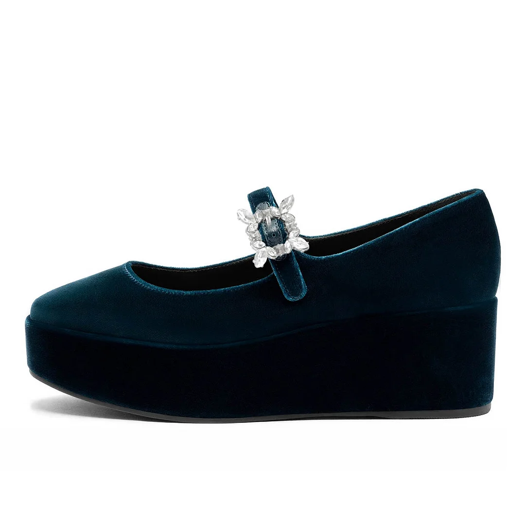 Teal Velvet Rhinestone Buckle Strap Wedge Heel Mary Jane Shoes
