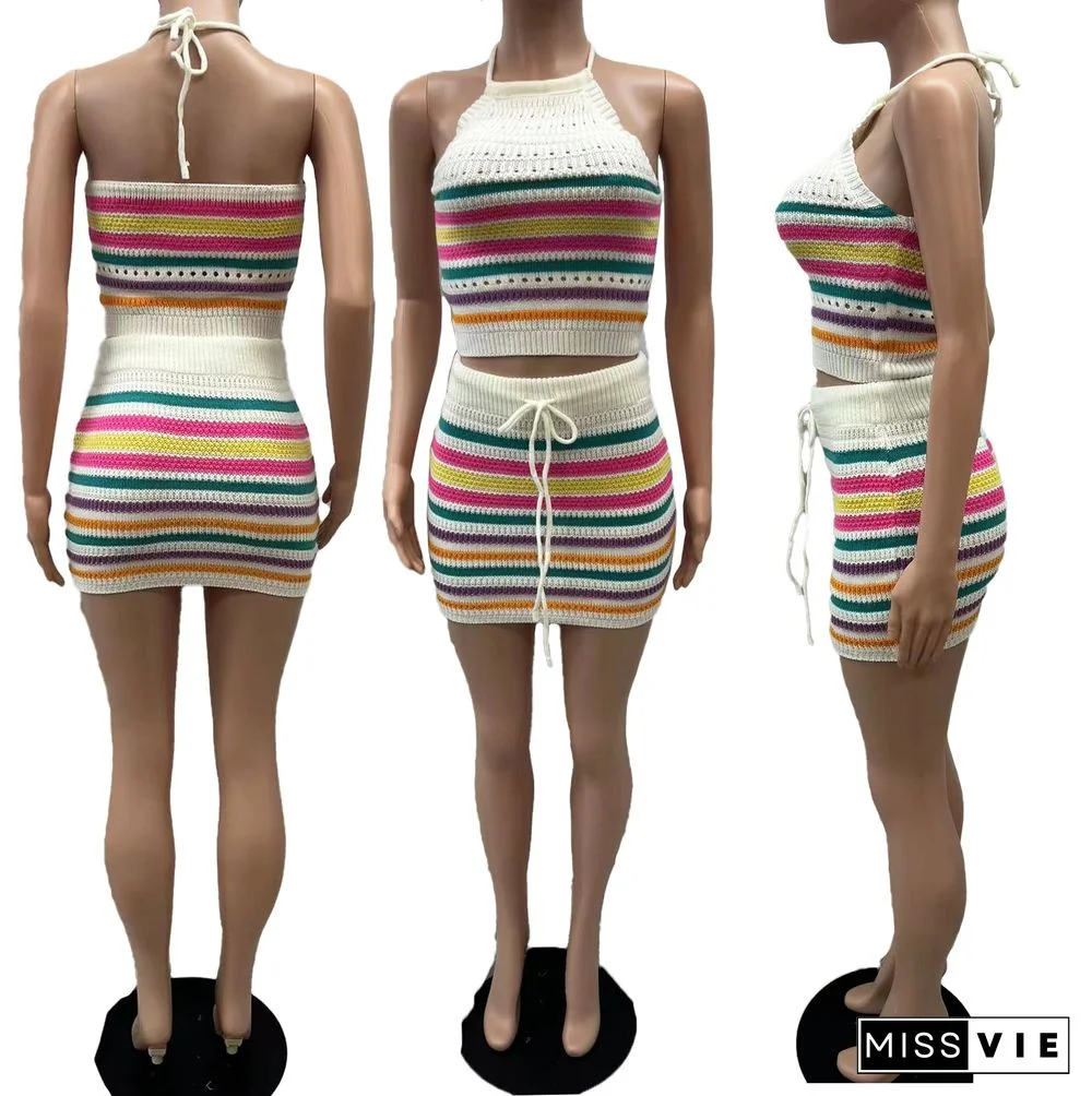 Knitting Striped Halter Backless Tops 2 Piece Skirt Sets