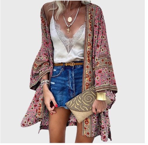 Ethnic Floral Half Sleeve Curve Hem Velvet Cardigan