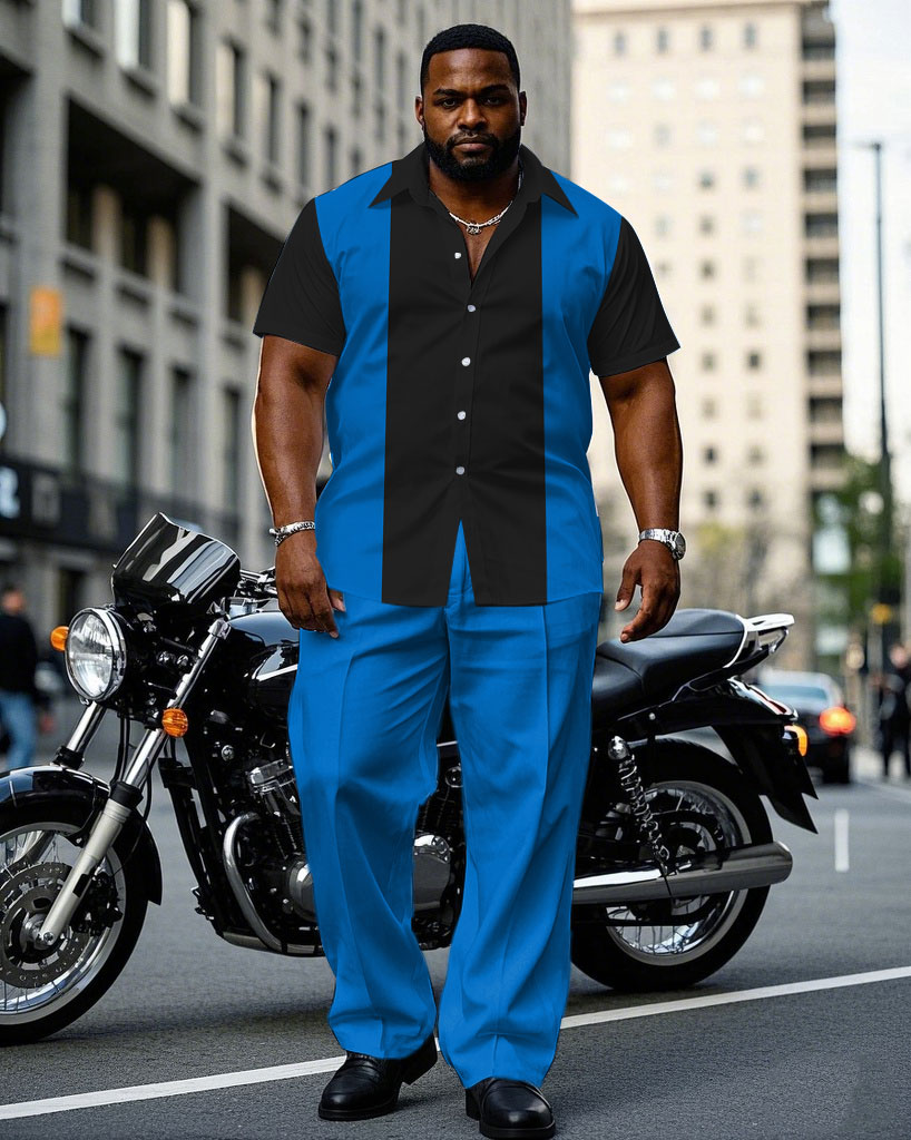 Men's Plus Size Blue & Black Simple Colorblock Short Sleeve Shirt Pants Suit