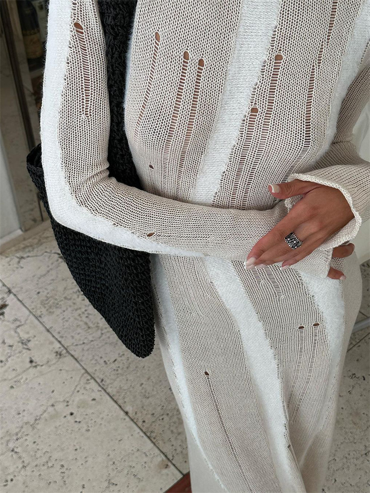 Ootddress Sexy Hollow Out Knit Maxi Dress For Women Slim Elegant Fashion Long Sleeve Autumn 2025 Party Dress Female Knitwear Dress